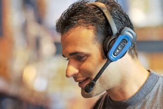 Man wearing Vocollect VoiceLink technology